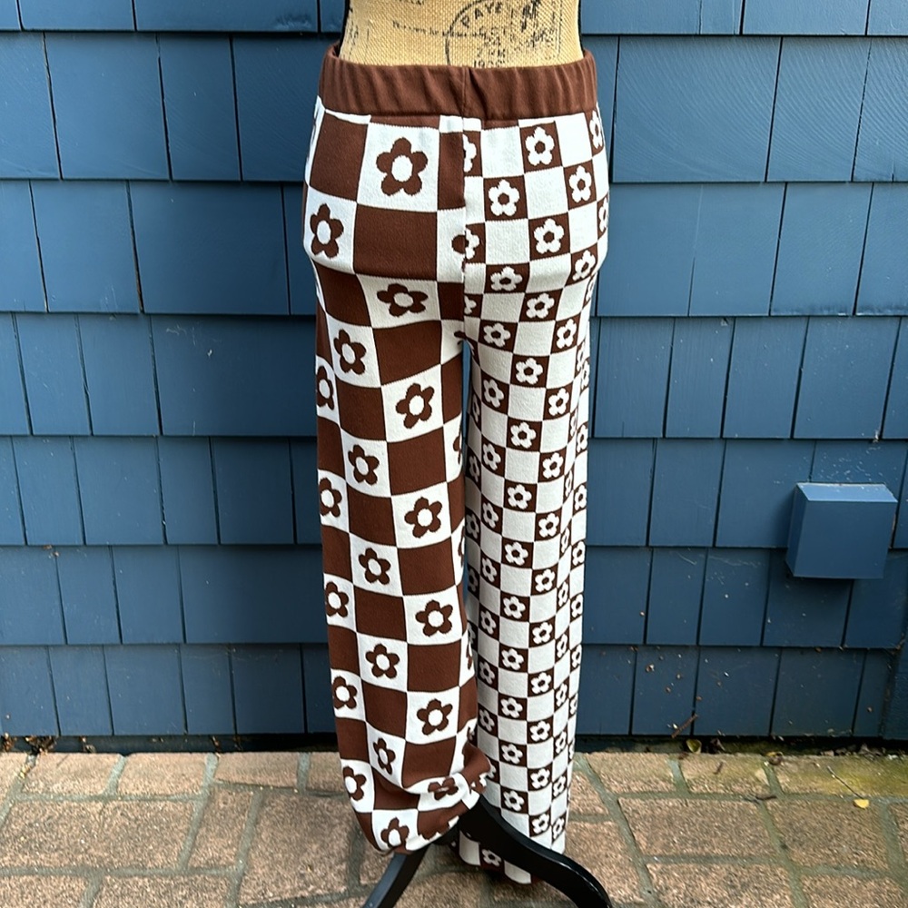 VGUC Brown/White Two-Toned Floral & Checkered Wide Leg Stretch Pants Women’s Lg - Picture 8 of 10